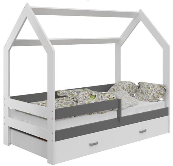 eoshop Detská posteľ Domček 80x160 cm D3, rošt ZADARMO - biela, zábrana: sivá, úlož. jednoducho: bez matraca: s matrac